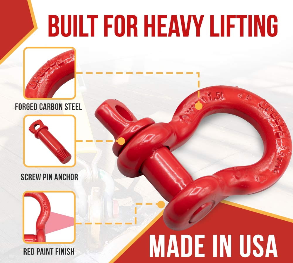 8 Pack Crosby S-209 7/16" Anchor Shackle Carbon Steel w/Alloy Screw Pin 3,300 lbs WLL, Red Painted Heavy Duty D Ring Shackle for Towing, Rigging & Vehicle Recovery, 1018446