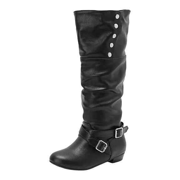 Women's Slouchy Knee High Boots Pull On Flat Low Heel Wide Calf Boots Fashion Studded Tall Riding Booties Black 8