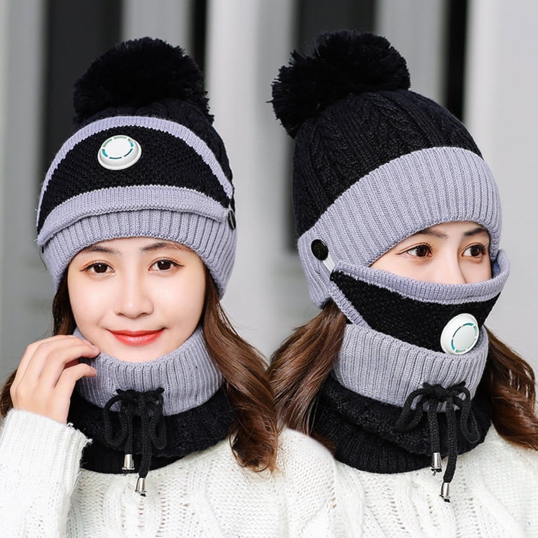 Women Winter Hat Set of 3, Warm Knit Beanie Hat Scarf Mask 