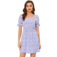 thumbnail image 1 of Vestido Floral Por Encima De La Rodilla Con Cintura Elástica Y Cuello Cuadrado Con Mangas Abullonadas Para Mujer Púrpura L, 1 of 6