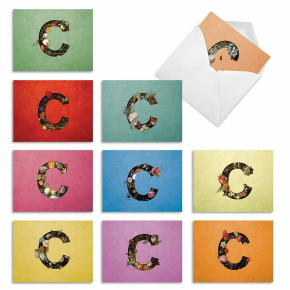The Best Card Company - 10 Initial Letter “C” Assorted Blank Notecards Beautiful Flower Personal Stationary 4 x 5.12 Inch, Bulk Variety Pack for Thank You and Notes - Baroque Blooms C M3843OCB-B1x10