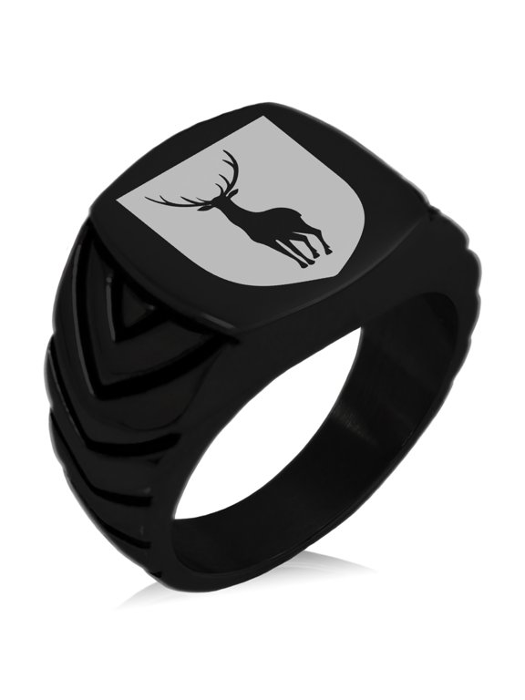 Stainless Steel Stag Purity Coat of Arms Shield Chevron Pattern Biker Style Polished Ring