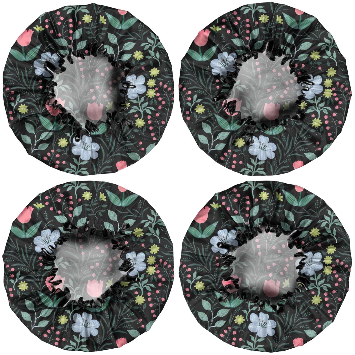Shower Caps,Pioneer Flower Floral Print Pattern Waterproof Shower Cap for Women 4 Pieces,Double Reusable Hair Cover for Shower PEVA Elastic Stretch Hem