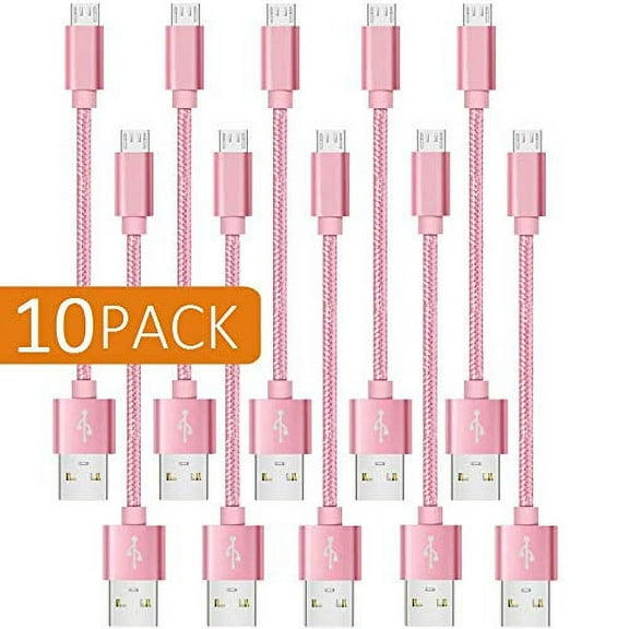 Short Micro USB Cable 8 Inches Short Nylon Braided High-Speed USB to Micro USB Charging Cables for Tablets and Many Other Android Devices (10-Pack) (Pink)