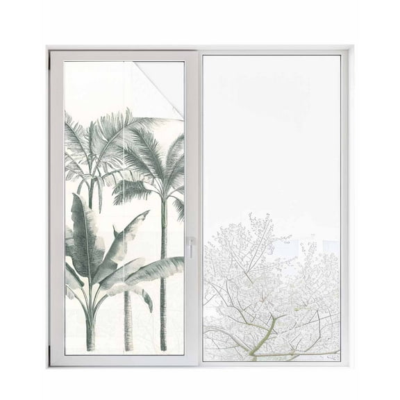 Window Privacy Film Vintage Palm Tree Stained Glass Window Film Decorative Sun Block Window Cover Tropical Beach Botanical Window Clings Static Adhesive Sticker for Bathroom 23.6"x59"