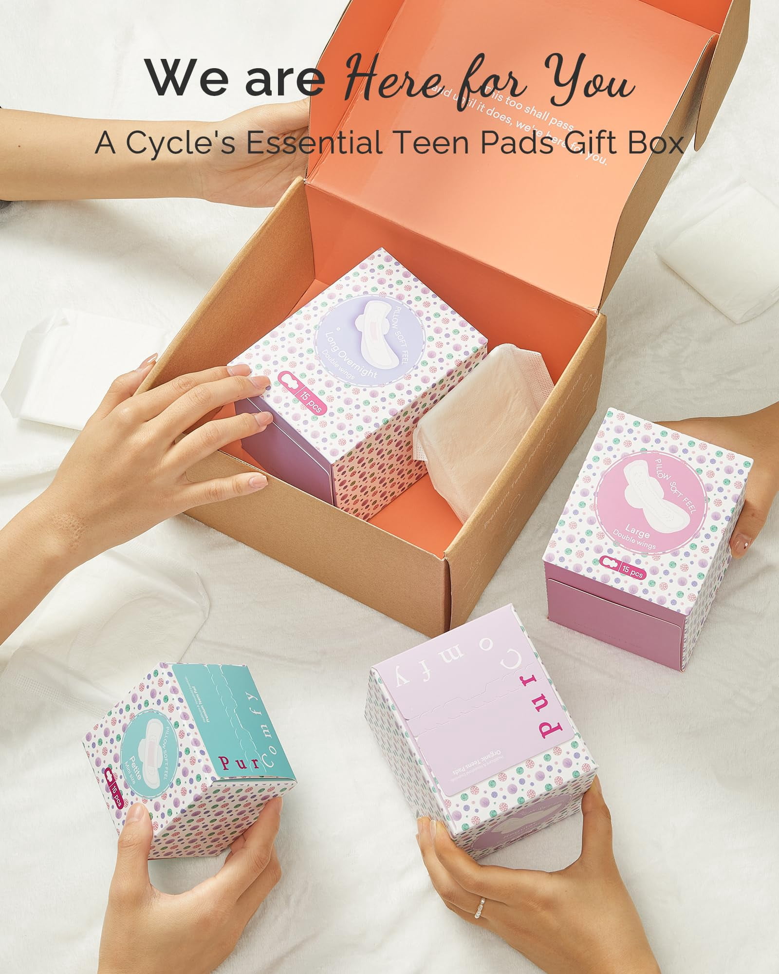PurComfy Teens First Period Starter Kit for Girls 9-10-11-12-14 63pcs Period Pads for Tweens Teens, Menstrual Pad Box for Girls Period Kit for School, 4 Essential Size fit for Tween Period Underwear