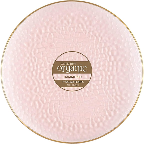 Disposable 7" Organic Hammered Collection Pink with Gold RIM Plastic Salad /Desert Plates for Elegant parties, Weddings & All occasions.: 10CT