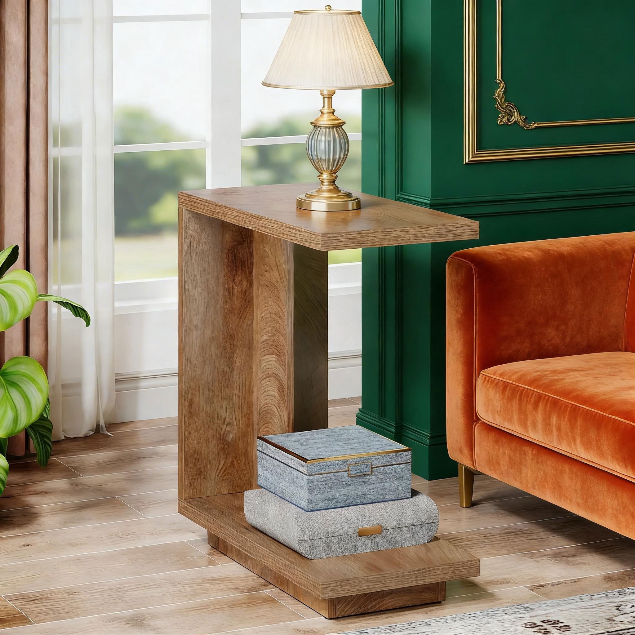 MAYEERTY C-Shaped End Table, Modern Wood Side Table with 2-Tier Storage, 23.6" Slim Sofa Couch Table for Living Room, Bedroom, Small Spaces