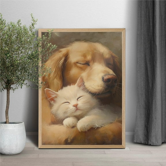 Cute Dog And Cat Hug Vintage Print, Cute Pets Love Portrait, Dogs And Cats Wall Art, Petlovers Printable, Cute Pets Home Decor Print Wall Art, Modern Wall Decor, 8x12 UNFRAMED