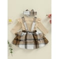 thumbnail image 5 of Nygoyerh Little Girls 3-Piece Outfits 3M 6M 12M 18M 24M Ruffles Long Sleeve Playwear Crew Neck Romper + Plaid Tiered Overall Skirt + Headband Set Newborn Infant Clothing, 5 of 7