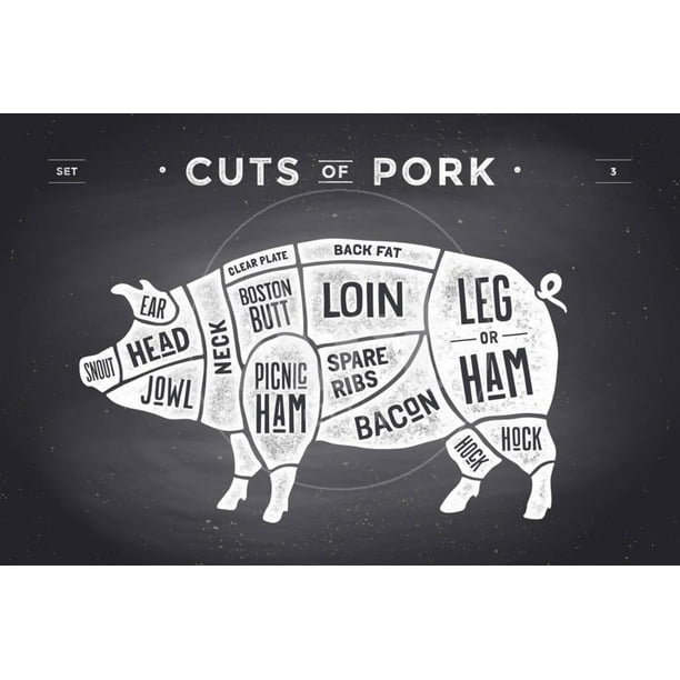 Cut of Meat Set. Poster Butcher Diagram, Scheme and Guide - Pork. Vintage Typographic Hand-Drawn On Print Wall Art By Forest Foxy