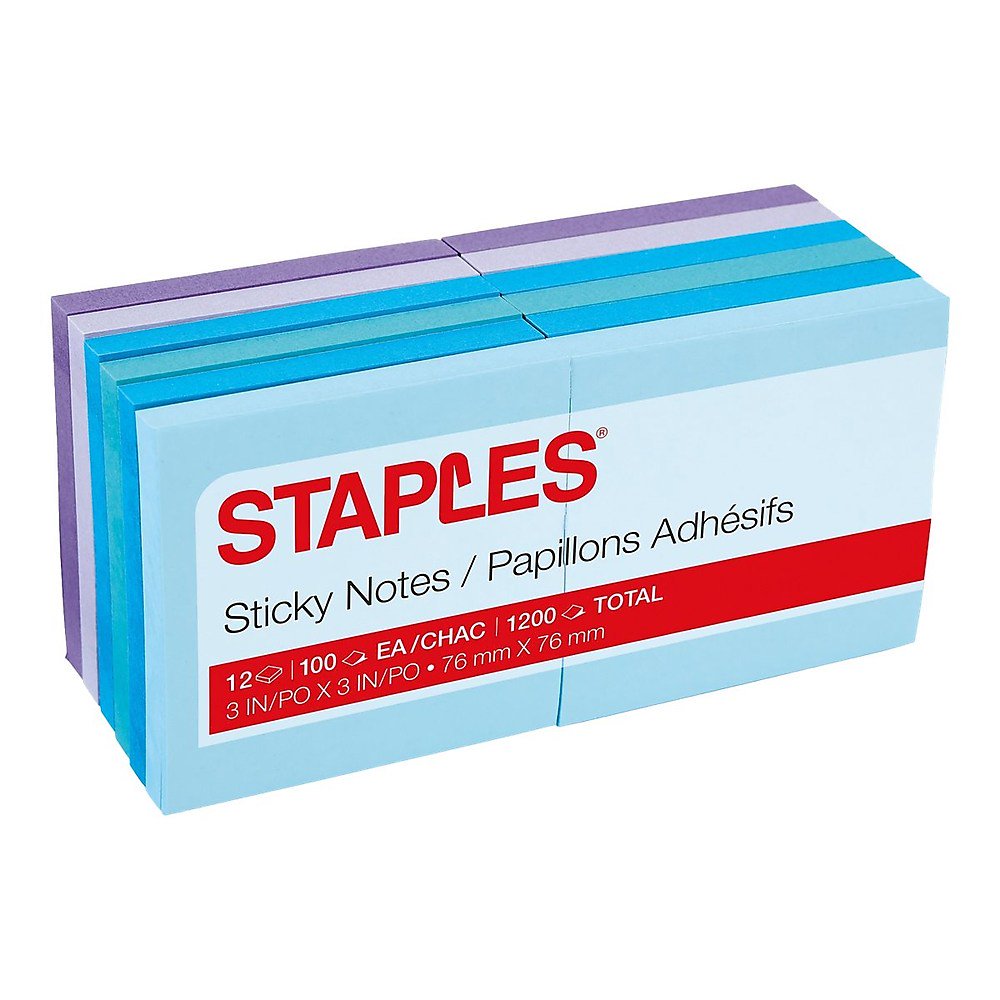 Staples Stickies Notes Assorted Watercolors 3" x 3" 12 Pads/Pack (S