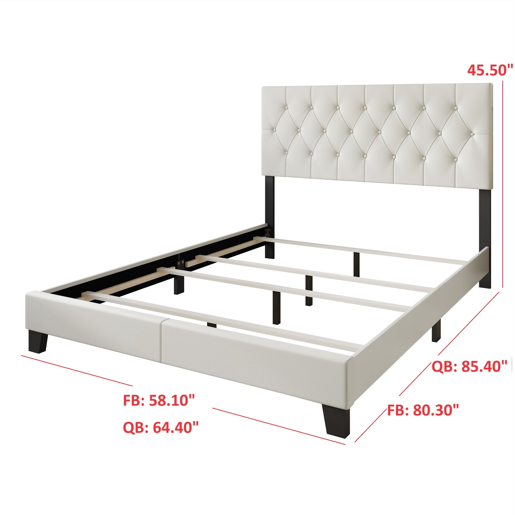 Home Design Boone Queen Tufted Upholstered Panel Bed with Faux Leather and Padded Headboard, White, Easy Assembly
