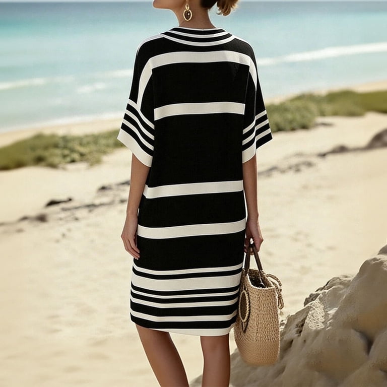 black and white dress short sleeve 100% Cotton White Stripe Mini T-Shirt Dress - All Dresses