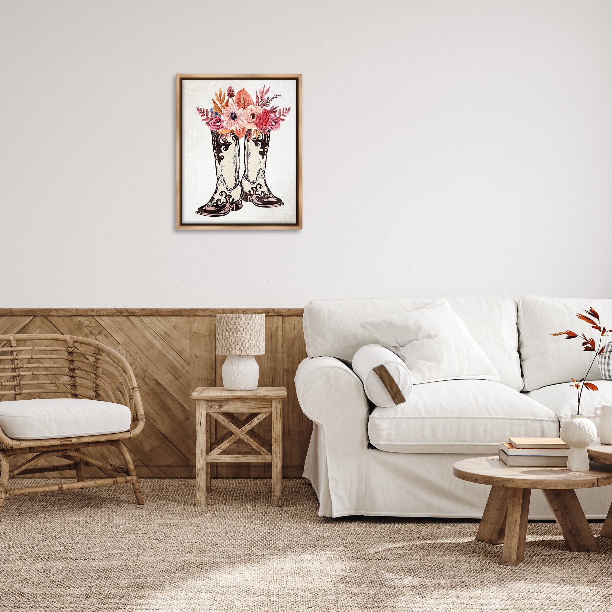 Stupell Industries Rodeo Boot Bouquet Botanical & Floral Painting Brown Floater Framed Canvas Art Print Wall Art, 25 x 31