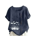 thumbnail image 3 of QATAINLAV Hauts en Coton et Lin pour Femmes 2025 Col Rond Manches Courtes Retroussées T-Shirt Tendance à Imprimé Floral Blouse Décontractée Coupe Ample Tenues des Fêtes Soldes pour Aujourd'hui Bleu Marine TG, 3 of 5