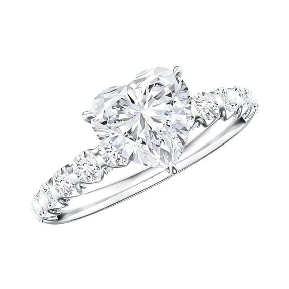 Rosec Jewels Heart Shape Moissanite Solitaire Engagement Ring with Side Stones (7 mm, D-VS1 Grade), 925 Sterling Silver, US 4.00