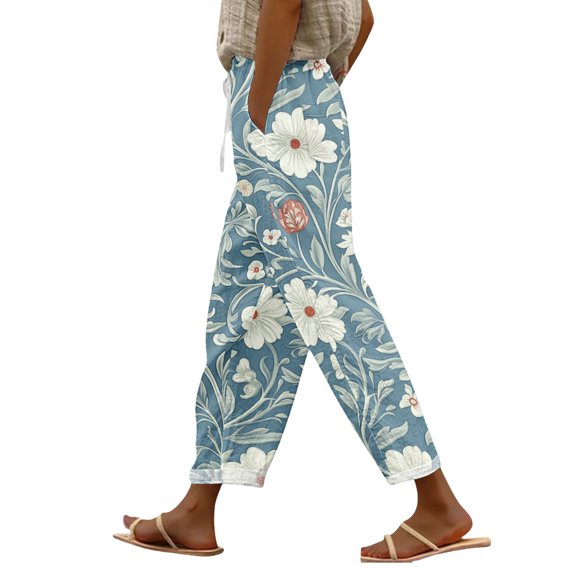 yunLCZ Women's Wide Leg Pants Women's Spring And Summer Casual 3D Printed Back Pocket Cotton And Linen Pants