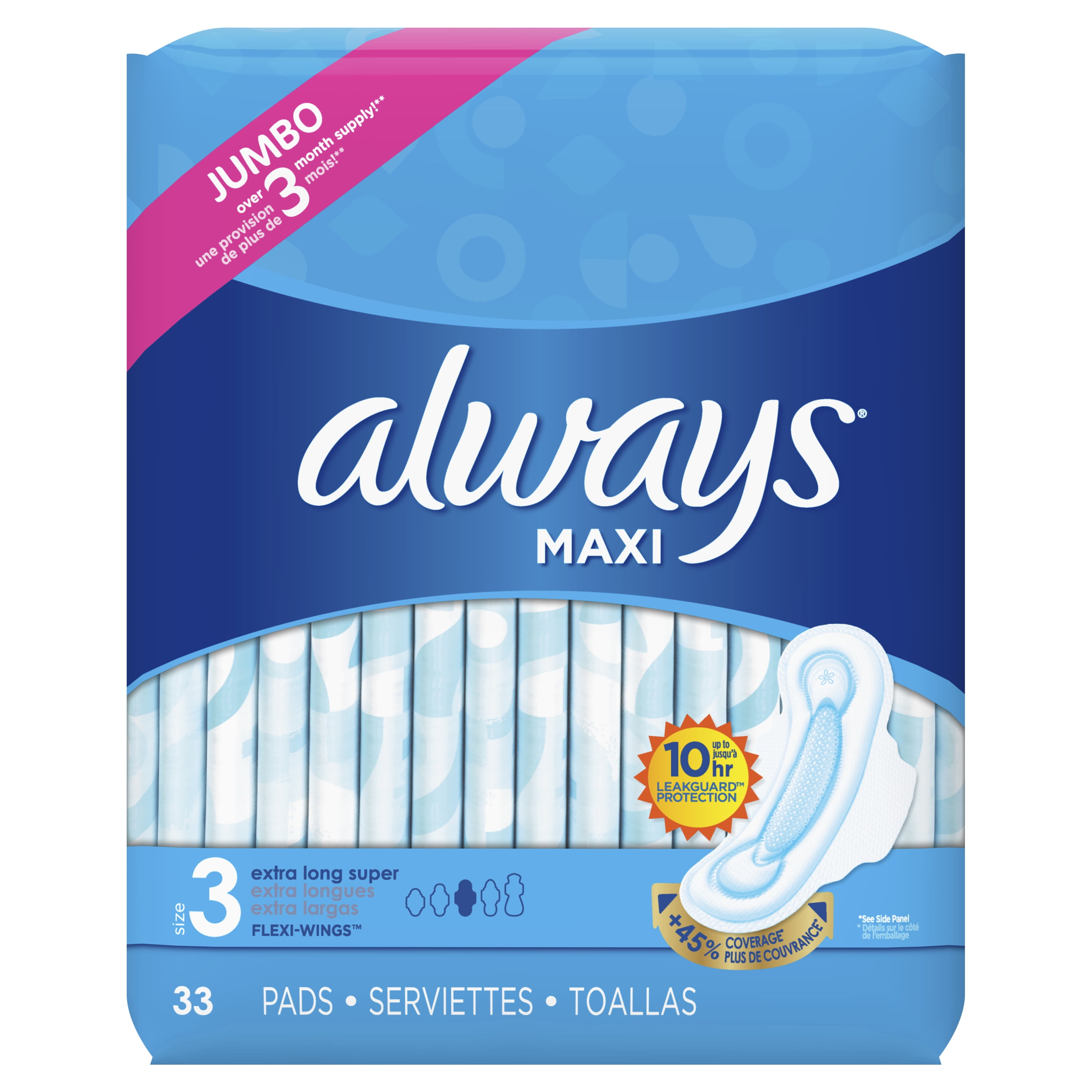 Always Maxi, Size 3, Extra Long Super Pads with Wings Unscented, 33 Ct