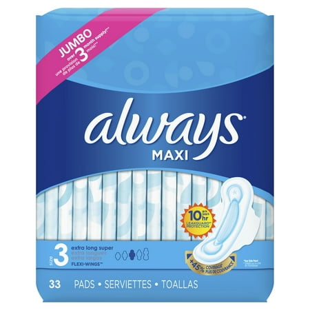 ALWAYS Maxi Size 3 Extra Long Super Pads With Wings Unscented, 33