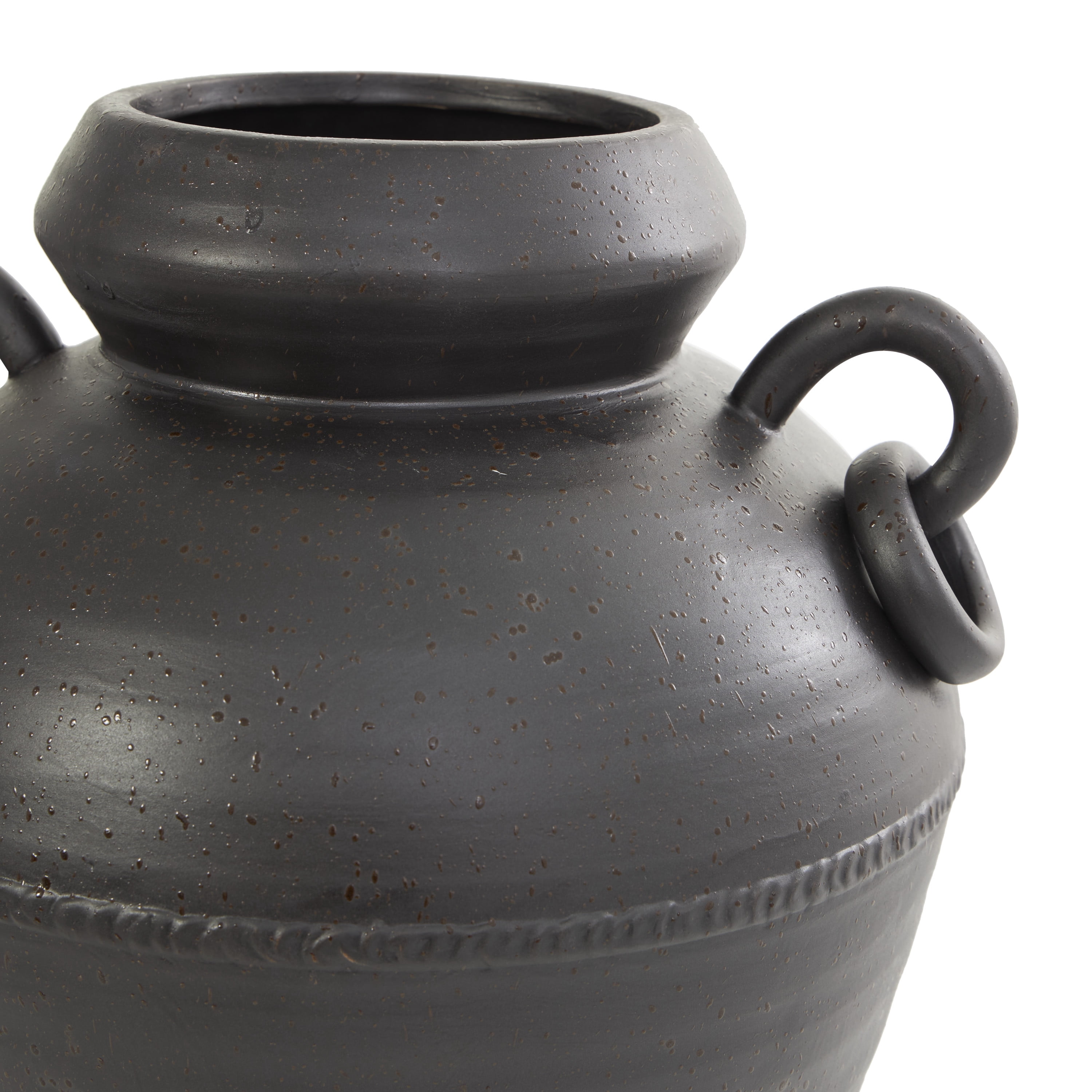 DecMode 15" Amphora Black Ceramic Vase with Speckled Texture and Ring Handles