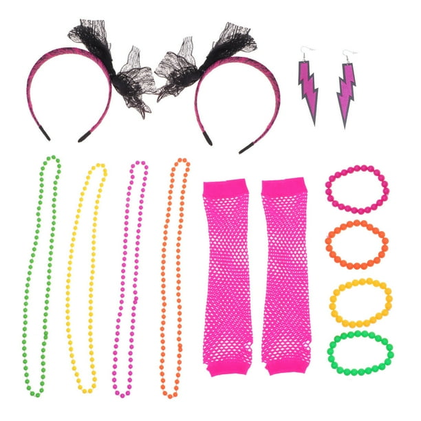 Accesorios para disfraces de los años 80: collar de cuatro colores, pulsera de cuatro colores, 1 par de aretes, 1 par de guantes de rejilla, 2 diademas de encaje para traje de fiesta individual.