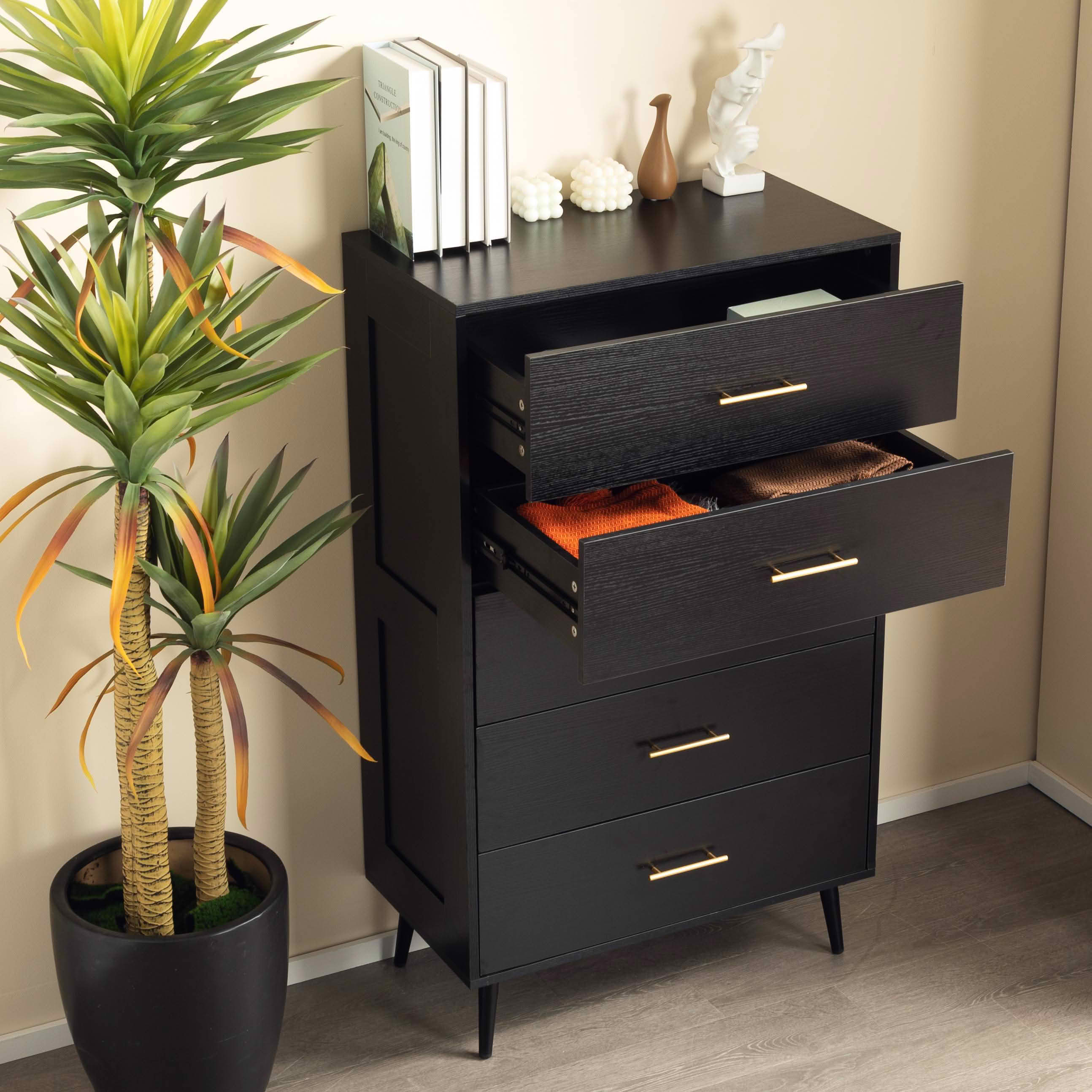 MAYEERTY 5-Drawer Chest, Modern Ash Wood Grain Storage Cabinet with Gold Metal Handles Tapered Legs
