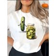 thumbnail image 1 of 1pc Women'S Casual Crew Neck T-Shirt with Creative Pickle Jar Print, Geometric Pattern, Polyester Knit Fabric, Medium Stretch, All-Season Comfort, 1 of 1