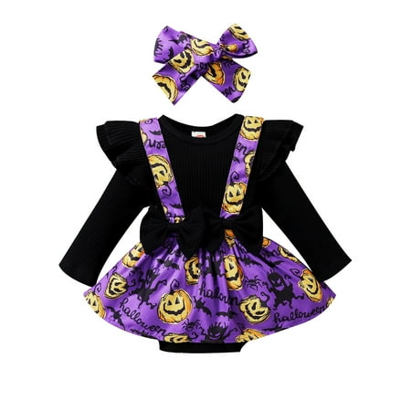 

Asashitenel Infant Baby Girls Romper and Headdress Outfits Halloween Pumpkin and Bat Printing Long Sleeve Ribbed Jumpsuit