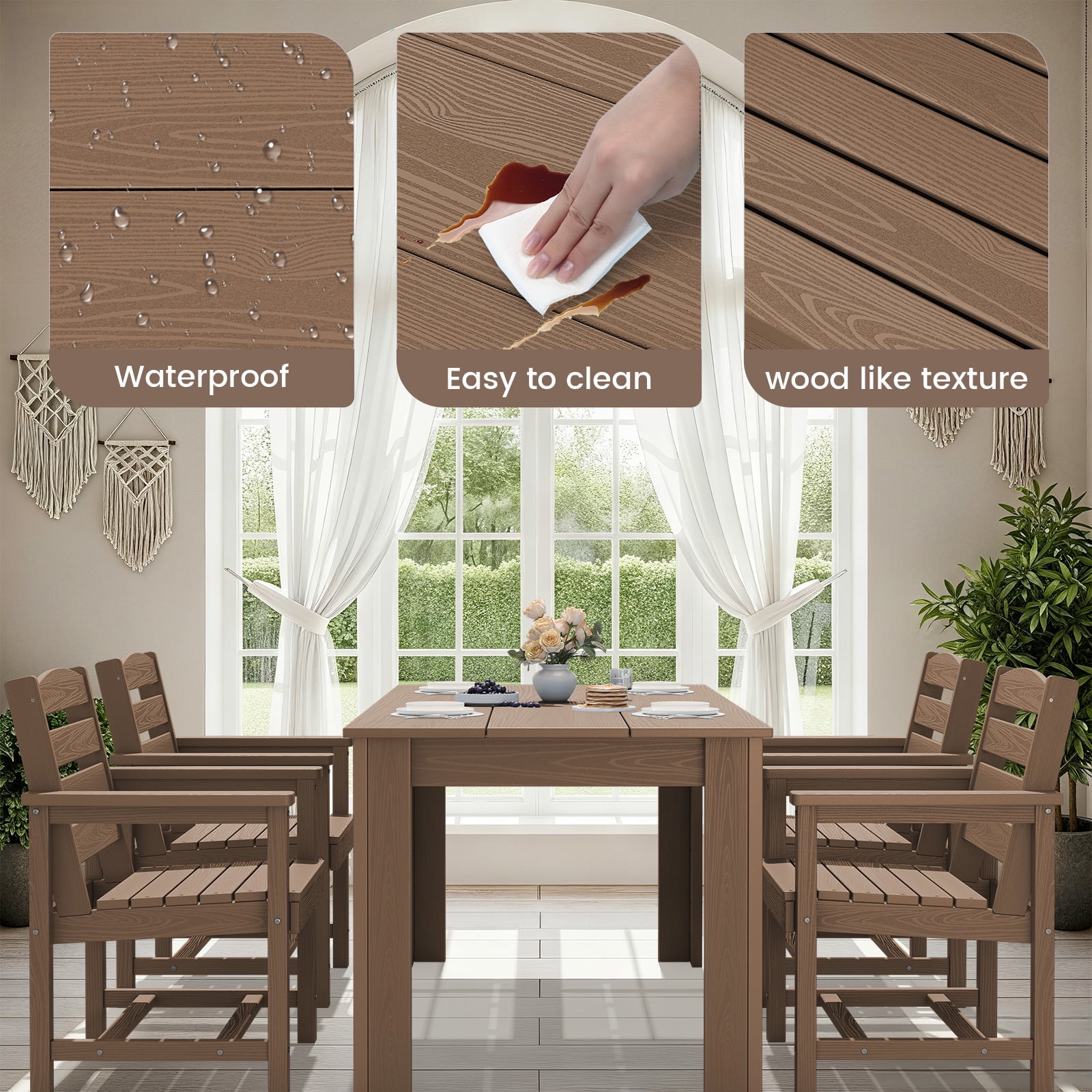 SERWALL 10-Piece Outdoor Dining Set, 2 Rectangle 59" Dining Tables with Umbrella Holes and 8 Patio Dining Chairs with Umbrella Hole for Garden, Deck, Poolside, Brown