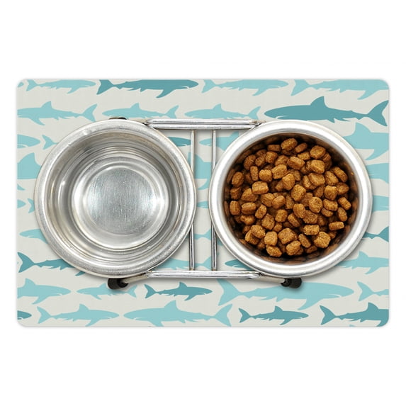 Sea Animals Pet Mat for Food and Water, Monochrome Shark Illustration Fashion Maritime Illustration Aquatics, Non-Slip Rubber Mat for Dogs and Cats, 18" X 12", by Ambesonne