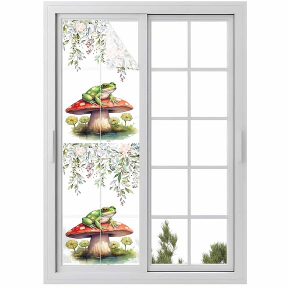 Mushroom Frogs Window Privacy Film, Spring Floral Summer Eucalyptus Leaves Static Cling UV Sun Blocking Heat Control Window Tint, Non-Adhesive One Way Windows Privacy Cover 17.7''x78.7''