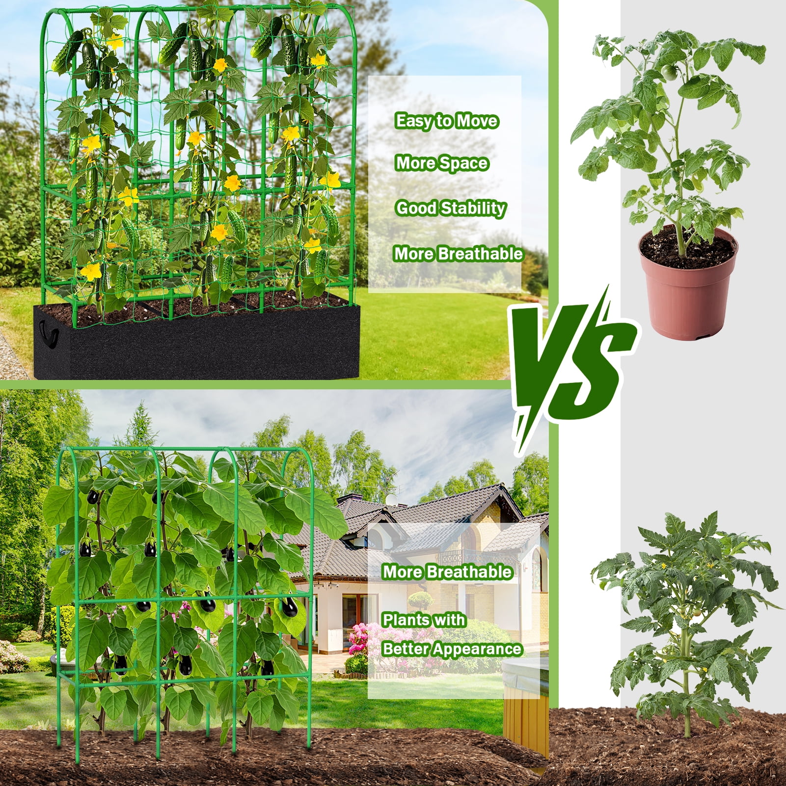 Budiwati Cucumber Trellis, Garden Tomato Cage, Adjustable Garden Trellis with 46 Gallon Grow Bags