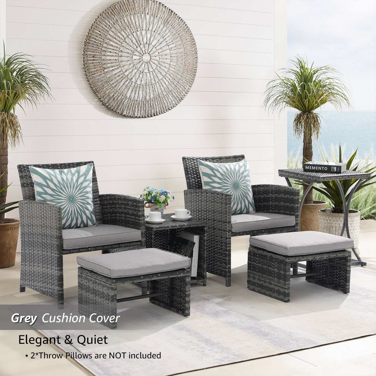 JOIVI 6 Piece Patio Furniture Conversation Set, with Ottoman, Outdoor Grey Wicker Chair and Table Set, Light Grey