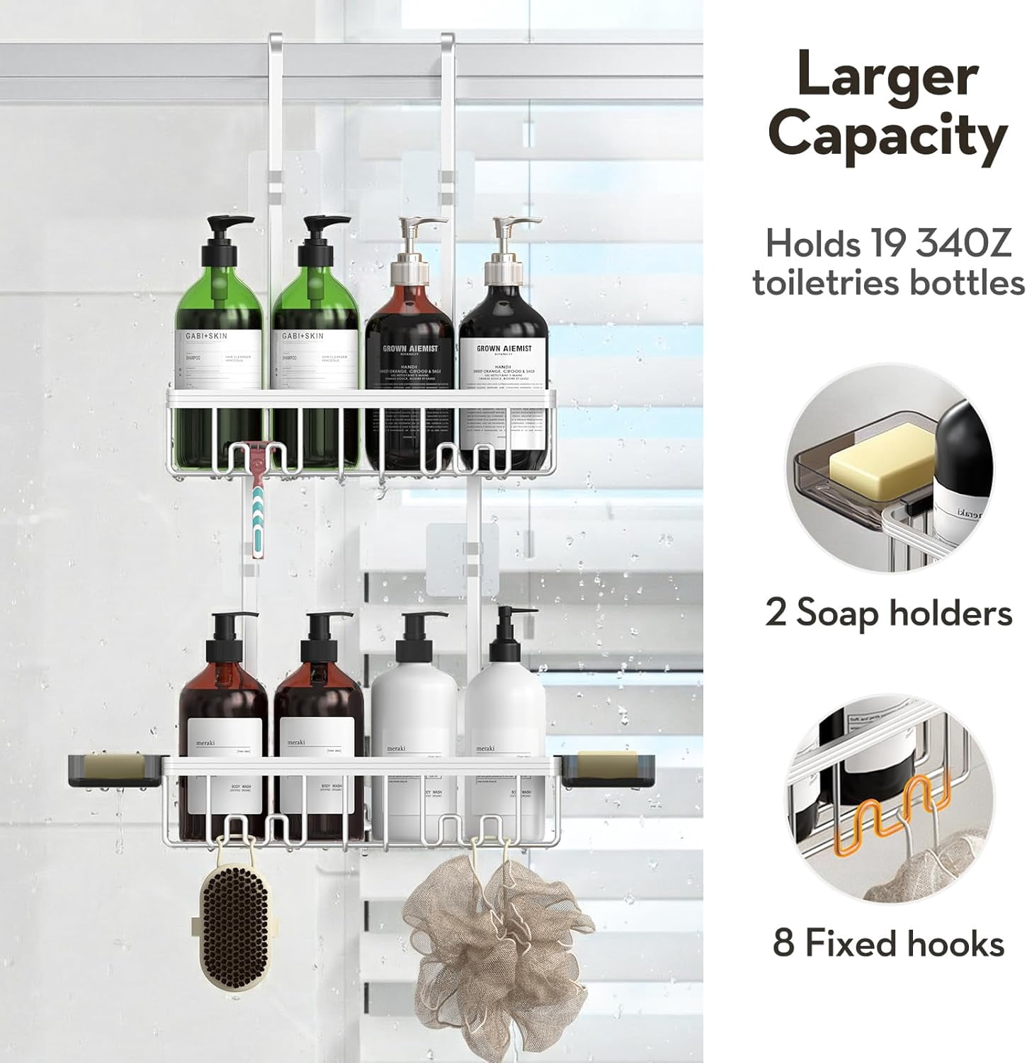 Over the Door Shower Caddy Hanging With Double Soap Holder Never Rust Hanging Shower Caddy With 4 Hooks Hanging Bathroom Organizer No Drilling Shelves for Bathroom Storage Silver