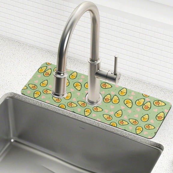 Yayeee Faucet Mat for Kitchen Sink 14.7" Diatomite Long Splash Guard Pad, Green Avocado Pattern