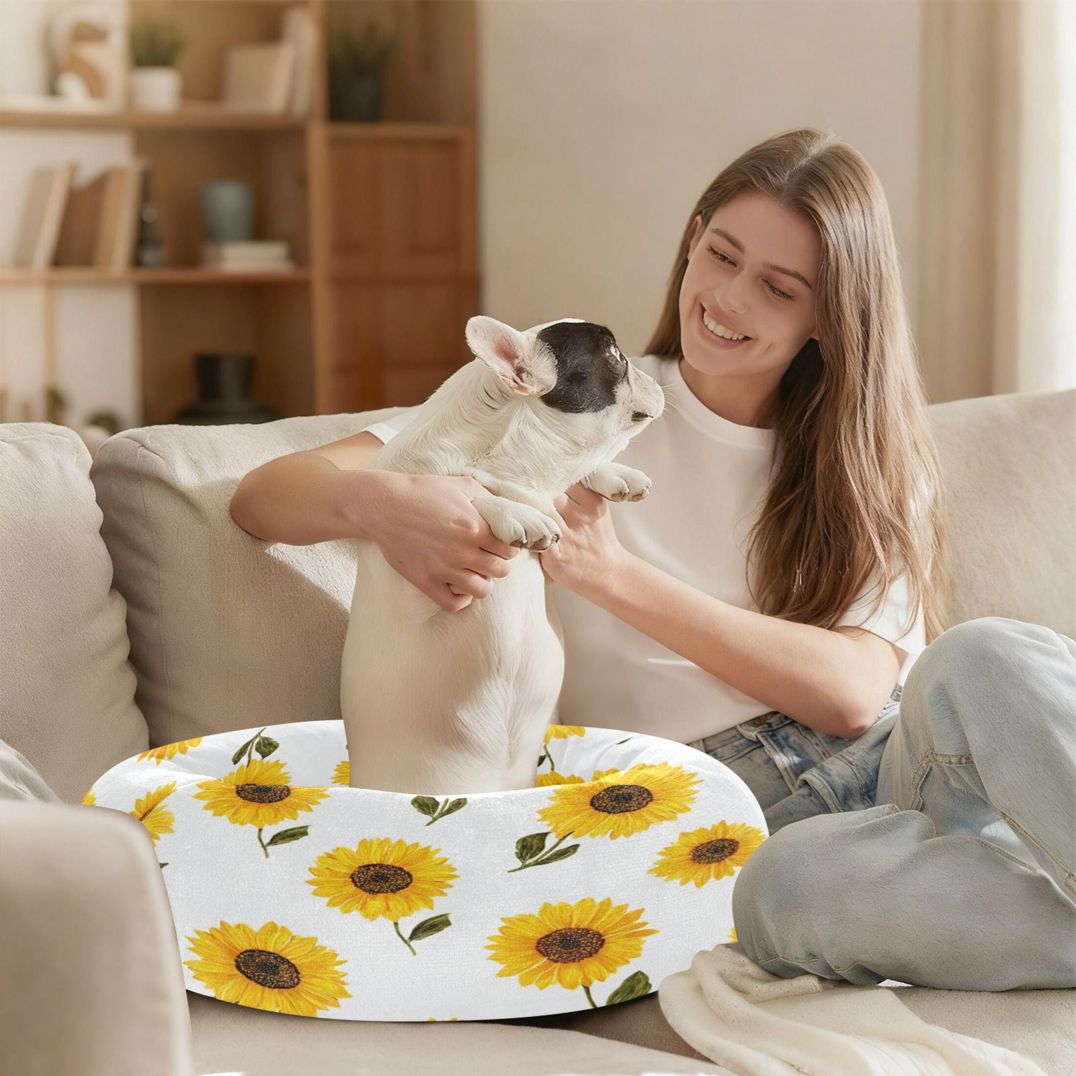 Iauyy Pet Couch Donut Cat Bed for Indoor Cats/Small Dogs Washable & Machine with Non-slip Bottom Calming Cat Furniture, Simple Yellow (M)
