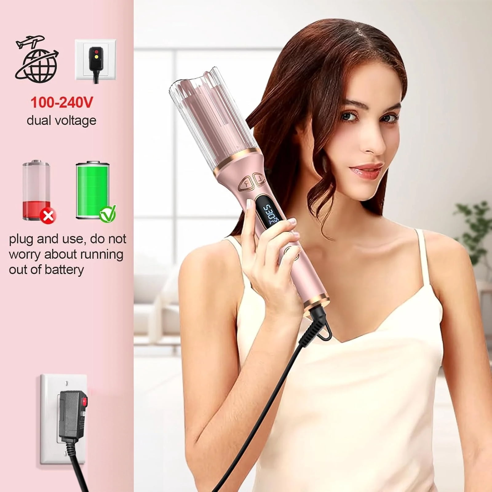 Automatic Rotating Curling Iron, Taotique Auto Curling Wand with 1 inch Large Ceramic Barrel, Dual Voltage Hair Curler with 14 Temperature & 6 Timer, Auto Rotating Wave Curling Iron Hot Tools, Pink