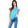 thumbnail image 6 of Women's Colorblock Knit Short Sleeve Top with Bold Striped Sleeves- Teal,Large, 6 of 7