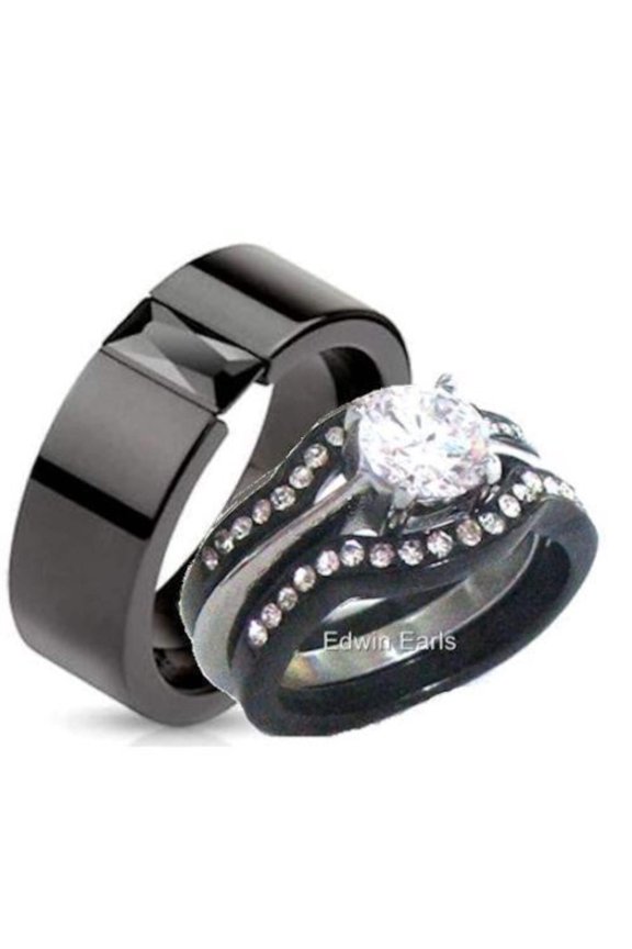 His and Hers 4-Piece Black Stainless Steel and Titanium Wedding Band Ring Set, 1.25 ct