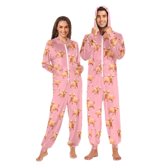 joogoo Highland Cattle Running Unisex Adults Onesies Pajamas Jumpsuits L