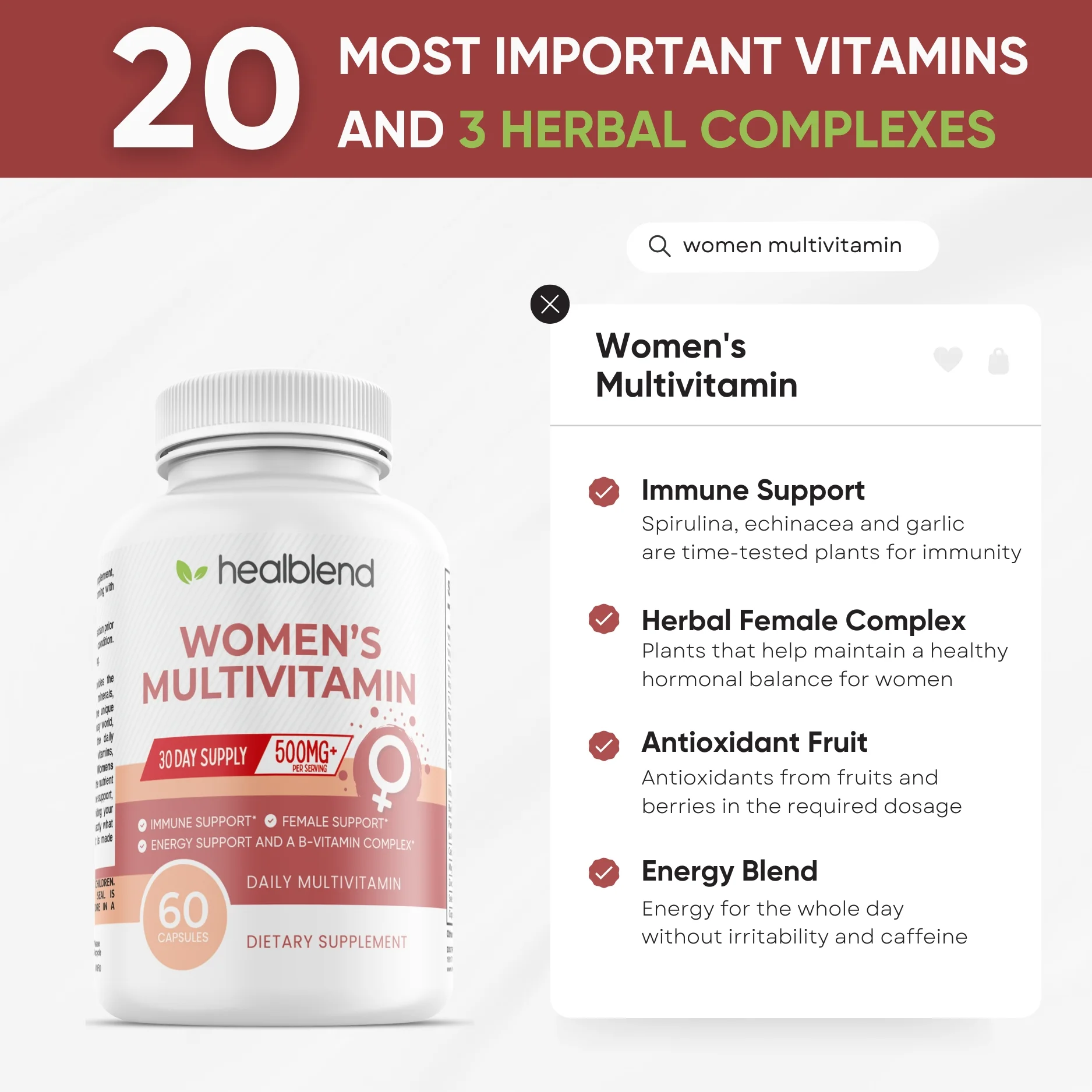 Healblend Women’s Multivitamin – Energy, Antioxidant & Hormonal Support with B-Complex, Wild Yam, Green Tea & Pomegranate – 60 Capsules (3 Pack)