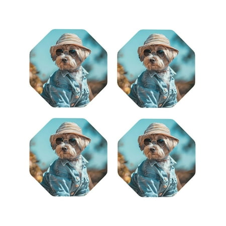 

Lukts Stylish Dog in Denim Outfit Print Leather Drinks Coasters Set of 4 Suitable or Drinks Furniture Protection and Easy Clean up-Octagon