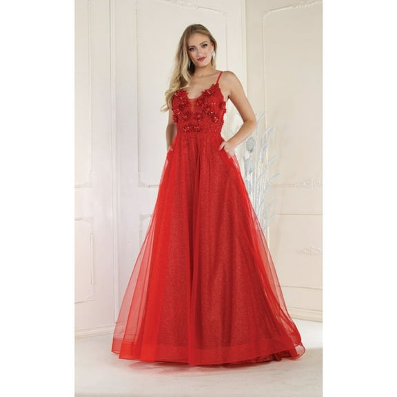 Royal Queen RQ8024 Juniors Womens A Line Plunging V Neck Glitter Formal Evening Gown