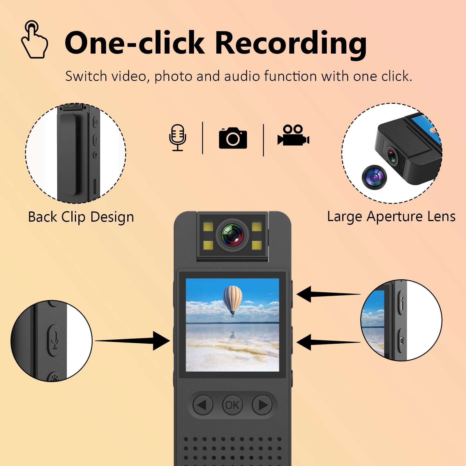 RONY 128GB Small Body Camera with Audio and Video Recording - 1080P Mini Camcorder Security Camera with Clip 180 Degree Rotating Lens Real Time Monitoring Night Vision
