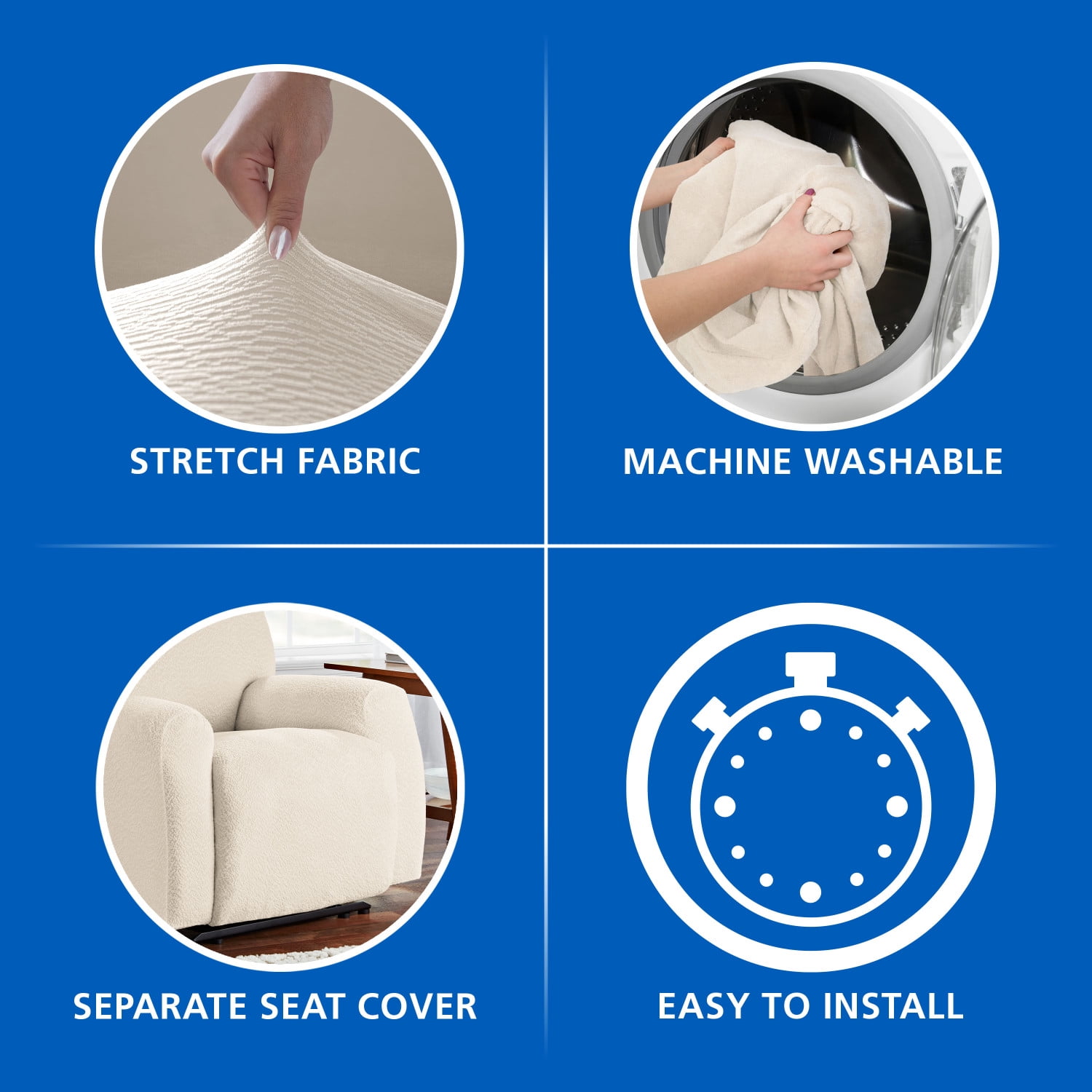 Mainstays Boucle Stretch-to-Fit Fabric Recliner Slipcover, 4-Piece, Beige