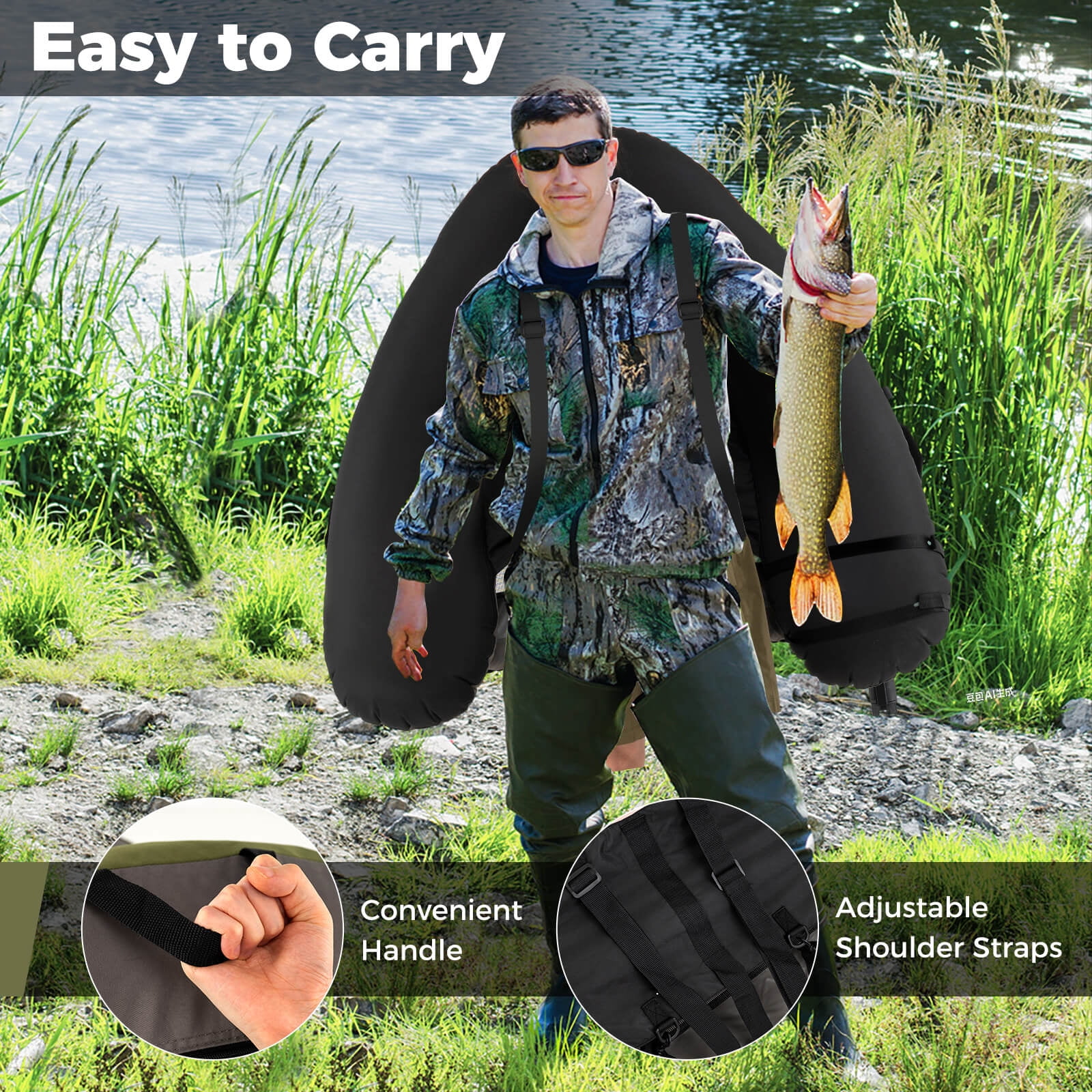 Goplus Inflatable Fishing Boat 350 LBS Fishing Float Tube with Fishing Rod Holder Gray+Green