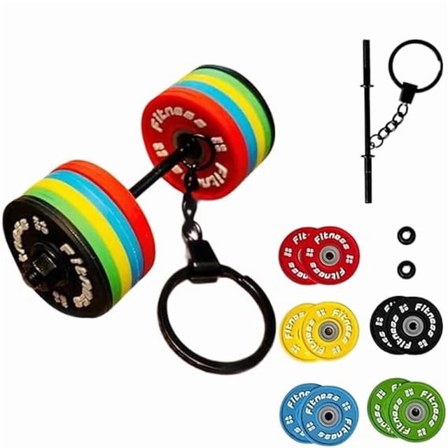 Llavero con mancuerna desmontable | Llavero con mini barra de pesas para bolsas de gimnasio | Discos de pesas de silicona realistas