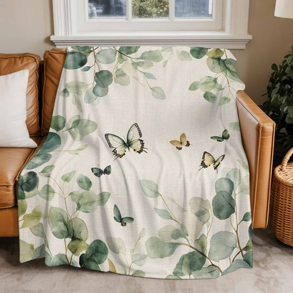 Throw Blanket for Couch Eucalyptus Leaf Butterfly Soft Fleece Flannel Blankets Cozy Lightweight Blanket for Home Sofa Living Room Ombre Green Leaf Bed Throws 40" x 50"