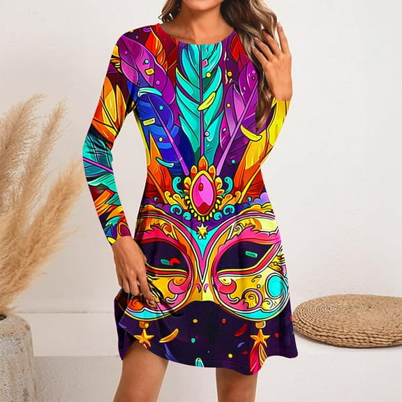 SDNall Mardi Gras Dress for Women Fashion Round-Neck Short Sleeved Printed Pullover Dress Short Dress for Women